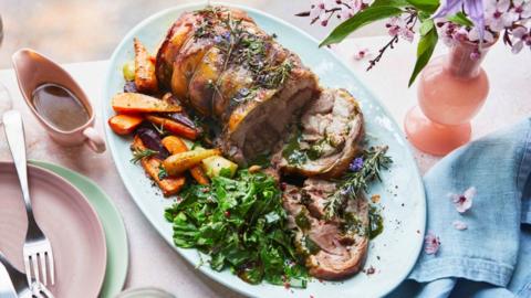 Roast lamb and vegetables on a plate