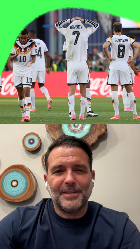 A split picture featuring German football journalist, Raphael Honigstein wearing a navy blue T-shirt and a picture of Germany's players looking dejected.