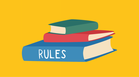 An illustration of books piled on top of each other, with text that reads "rules".