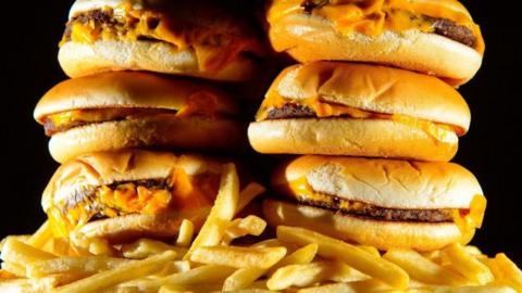 A pile of cheeseburgers and french fries