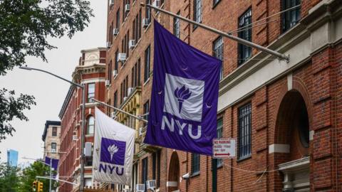 A stock style image showing signs hanging on a building saying 'NYU'