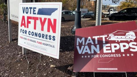 Two yard signs showing support for Aftyn and another for Van Epps