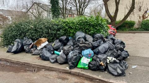 A pile of black bin bags, about 30 of them, block a pavement. Behind them is a hedge and the entrance to a car park. Terraced houses and trees can be seen in the background
