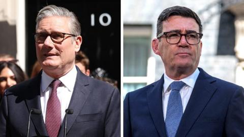 Split screen image. Keir Starmer on the left, .Andy Burnham on the right, both while they're speaking in front of number 10.