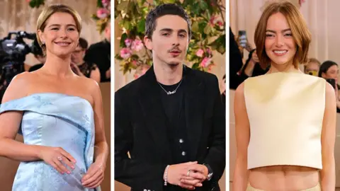 A three way composite image shows actors at the Golden Globes in January. Left to right: Jessie Buckley, Timothée Chalamet and Emma Stone