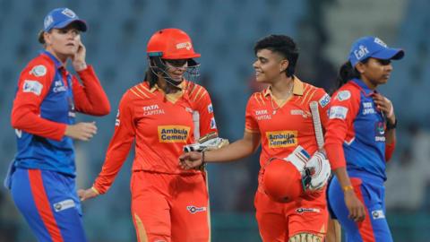 Harleen Deol and Kashvee Gautam celebrate their win for Gujarat Giants 