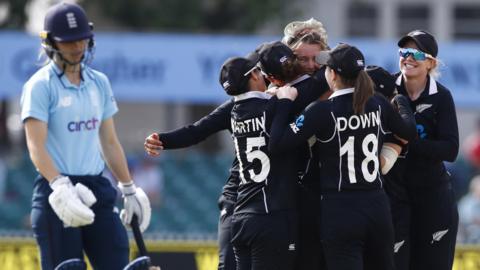 New Zealand celebrate dismissing England's Amy Jones