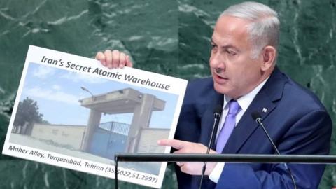 Benjamin Netanyahu hold picture of alleged secret Iranian nuclear warehouse (27/09/18)