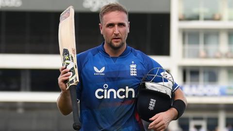 Liam Livingstone raises his bat after scoring 95 not out for England v New Zealand