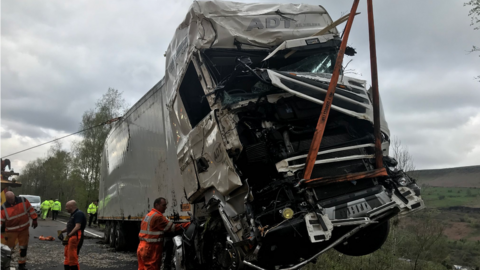 Lorry being winched out of ditch