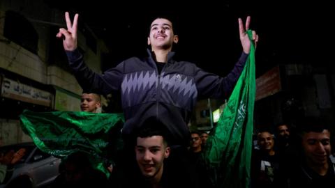 Released Palestinian prisoners react as they leave the Israeli military prison