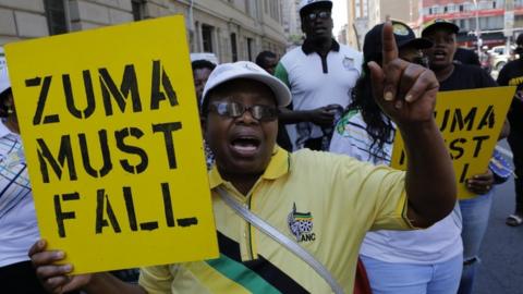 Members an ANC (African National Congress) faction supporting ANC President Cyril Ramaphosa, call for South African President and former ANC leader, Jacob Zuma, to resign, in Johannesburg, South Africa, 05 February 2018.