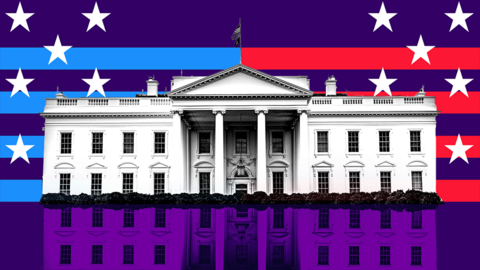 New US Election Unspun artwork with a graphic of the White House on a red and blue striped background and white stars