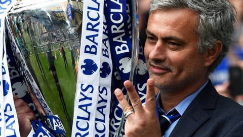 Jose Mourinho celebrates winning his third Premier League title with Chelsea in May 2015