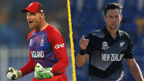 A split image of England wicketkeeper Jos Buttler (left) and New Zealand bowler Trent Boult (right) both celebrating wickets