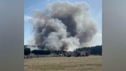 A large plume of smoke with fire engines parked on parched grass in the foreground