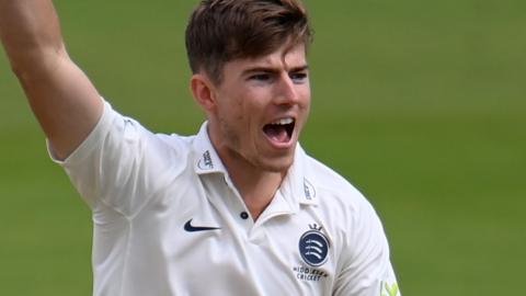 Martin Andersson celebrates a wicket for Middlesex against Worcestershire