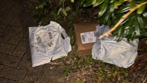 Three parcels, one of them in a brown box and two of them in white bags, are shown stowed under a green hedge. They are partially on the grass and partially on block paving. 