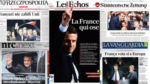 Combo photo of European newspapers reacting to Macron's victory