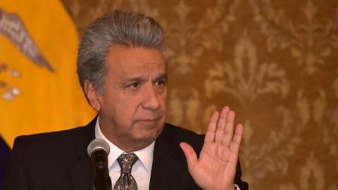 Ecuadorean President Lenin Moreno speaks with the press during a meeting at Carondelet Palace in Quito, on October 4, 2017.