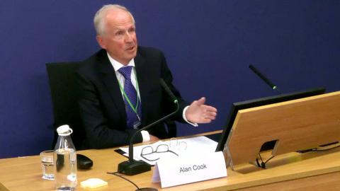 Alan Cook gives evidence at the Post Office inquiry on 12 April