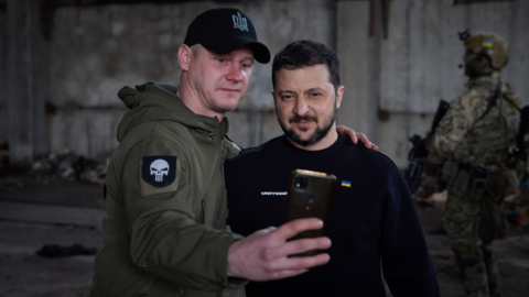 President Zelensky and servicemen during visit to Bakhmut