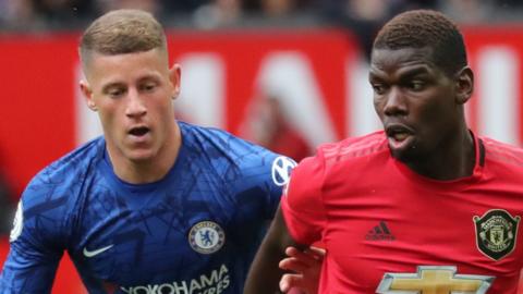 Paul Pogba of Manchester United takes beats Ross Barkley of Chelsea to the ball