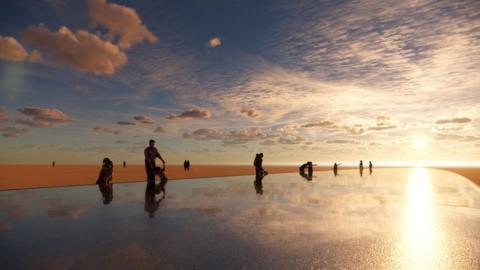 Artist impression of people looking in a long reflective pool on a beach reflecting the clouds and sun