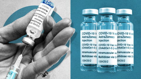 A collage showing two separate images - on the left, a hand holding a Covid vaccine and syringe, and on the right, three vials containing the AstraZeneca Covid vaccine. The images are in three colourways - grey, white and blue.