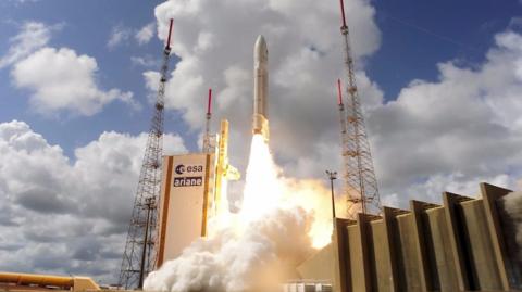 A Galileo satellite blasts off aboard an Ariane rocket