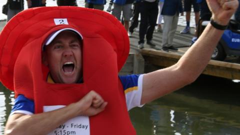 Ian Poulter dressed as a pillar box after helping Europe win the 2018 Ryder Cup in France