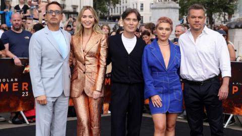 Robert Downey Jr., Christopher Nolan, Emily Blunt, Cillian Murphy, Florence Pugh and Matt Damon attended a London photocall on Wednesday ahead of Thursday's UK premiere of Oppenheimer