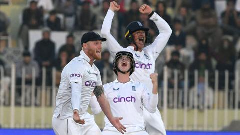 Ben Stokes celebrating the winning wicket against Pakistan