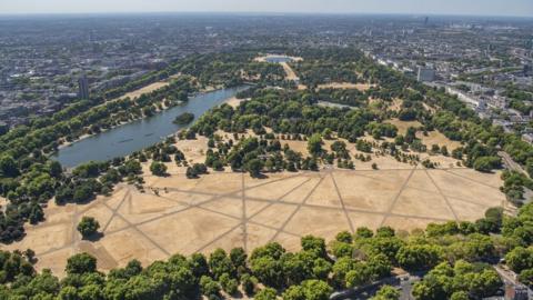 Aerial view of a parched Kensington Gardens and Hyde Park