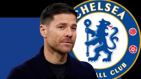 Xabi Alonso in front of a blue and black background and the Chelsea club badge