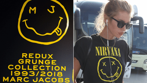 Jacobs' logo and Nirvana T-shirt worn by model Stella Maxwell