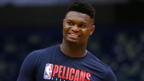 Zion Williamson smiles during training for the New Orleans Pelicans