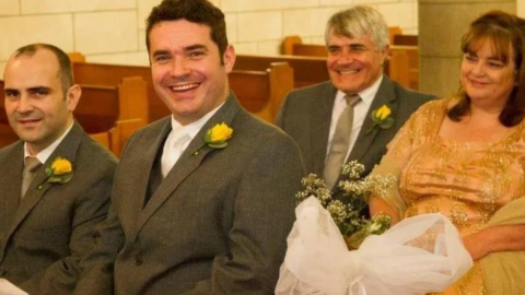 Francis Goncalves (front right) his brother Shaul (front left) and their parents Basil (back left) and Charmagne (back right) at a wedding