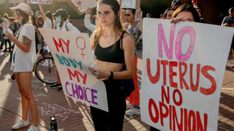 Abortion rights protesters chant during a Pro Choice rally at the Tucson Federal Courthouse in Tucson, Arizona on Monday, July 4, 2022