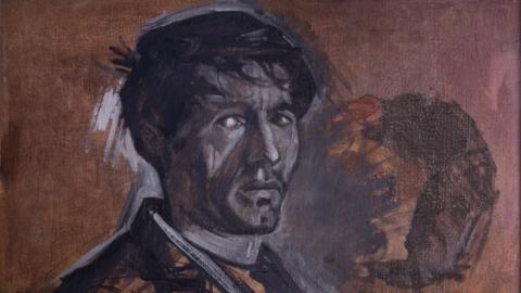 A picture of a sketch of Norman Cornish. He is drawn in grey tones and it is set on a light brown background. The figure is looking solemnly out of the painting and has short, dark, messy hair. 