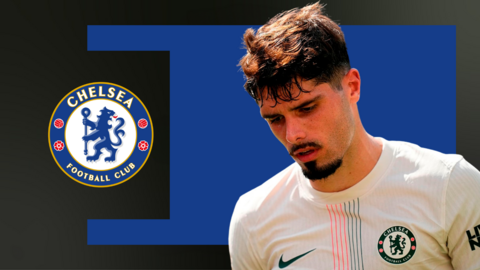 Pedro Neto on a blue background with the Chelsea club badge