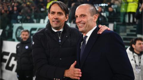 Inter Milan manager Simone Inzaghi (left) and Juventus boss Massimiliano Allegri (right) embrace before kick-off