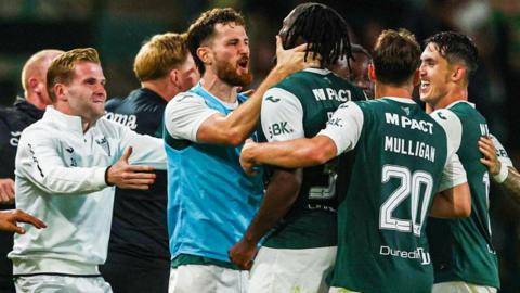 Hibs celebrate against Midtjylland 