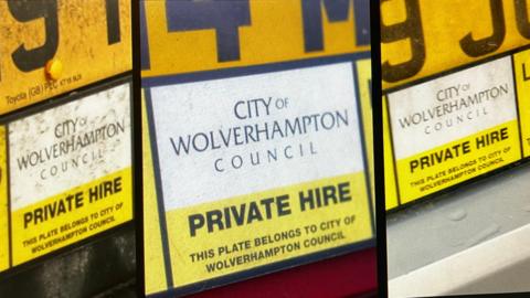 A collage of images showing private hire licenses issued by the City of Wolverhampton Council