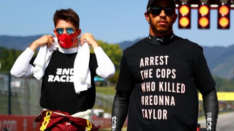 Lewis Hamilton wearing a T-shirt before the Tuscan Grand Prix bearing the message: "Arrest the cops who killed Breonna Taylor"