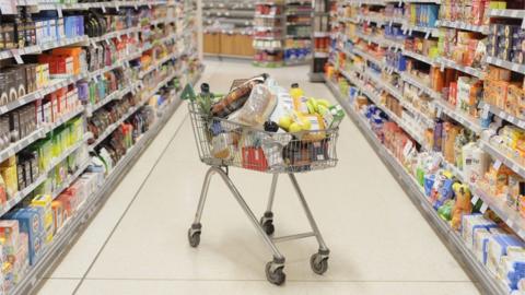 Supermarket trolley and shelves