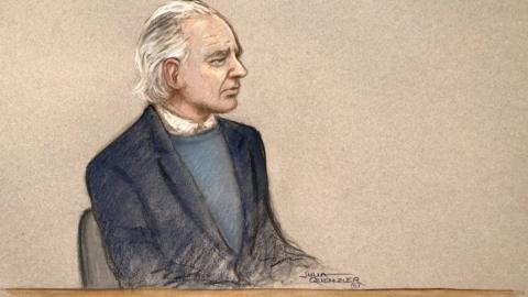 A court sketch of Julian Assange at his extradition hearing at Westminster Magistrates court