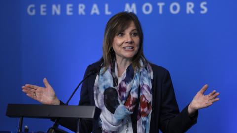 General Motors (GM) CEO Mary Barra speaks to the news media before the automobiile maker"s annual meeting of shareholders at GM world headquarters June12, 2018 in Detroit, Michigan.