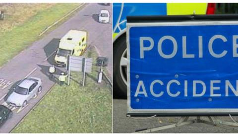 Emergency services at the scene and a Police Accident sign