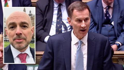 Jeremy Hunt at the House of Commons with a smaller photo inset of BBC News journalist Gareth Lewis